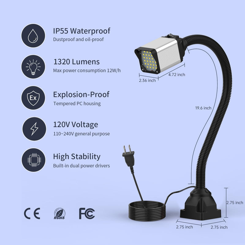 LED lathe Work Light, 20in Flexible Gooseneck Lamp with 28LEDs, 1200 Lumen Machine Light for LatheCNc Milling Drill Press Sewing Machine IndustrialLighting,120V(Base with 4screw holes)