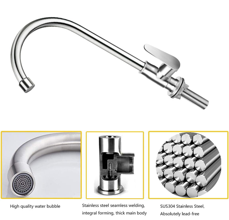 Brushed Nickel Cold Water Faucet Only,SUS304 Stainless Steel Single Handle Single Hole Cold Water Faucet for Kitchen,Outdoor and Bar(Longer Thread Pipe)