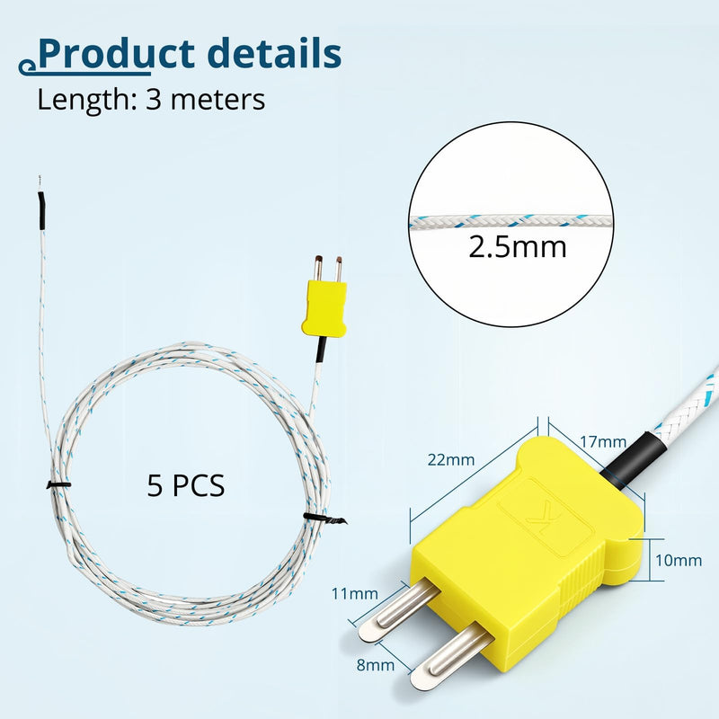 [Australia - AusPower] - 5-Pack K Type Thermocouple, 3M Fiberglass Temp Sensor, 0-500°C (32-932°F), Fast Response Bead Probe for HVAC, Oven, 3D Printer 