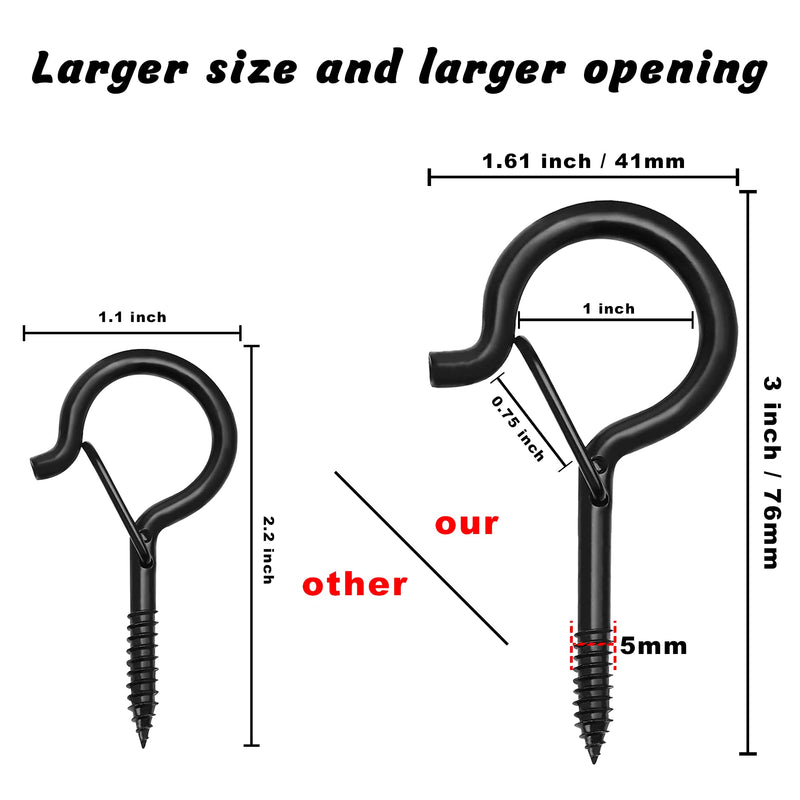 [Australia - AusPower] - 10 PCS 3 inches Q-Hanger Hooks with Safety Buckle, Screw Hooks for Outdoor String Lights, Ceiling Hooks for Hanging Plants, Black 10 