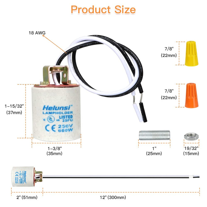 [Australia - AusPower] - E26 E27 Ceramic Light Socket, Helunsi Medium Base Porcelain Lamp Holder, Ceramic Light Bulb Socket with 12" Wire Lead, Medium Base Lampholder for Incandescent Led Light Bulbs Replacement (Pack of 4) Conventional Ceramic 