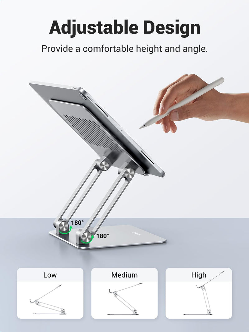 [Australia - AusPower] - UGREEN Tablet Stand Holder for Desk Dual Rod Support Aluminum Tablet Holder Adjustable Dock Multi-Angle Riser Home Office Accessories Compatible with iPad Pro 12.9, iPad Air Mini 6 5 4 3 2 Silver 