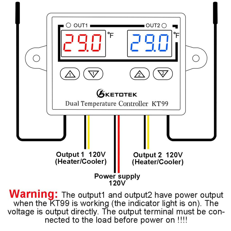 [Australia - AusPower] - KETOTEK KT99 Temperature Controller 120V 10A Digital Thermostat Regulator Switch Dual 1.5m Waterproof Probe for Heater Cooler Fahrenheit Display Aquarium 