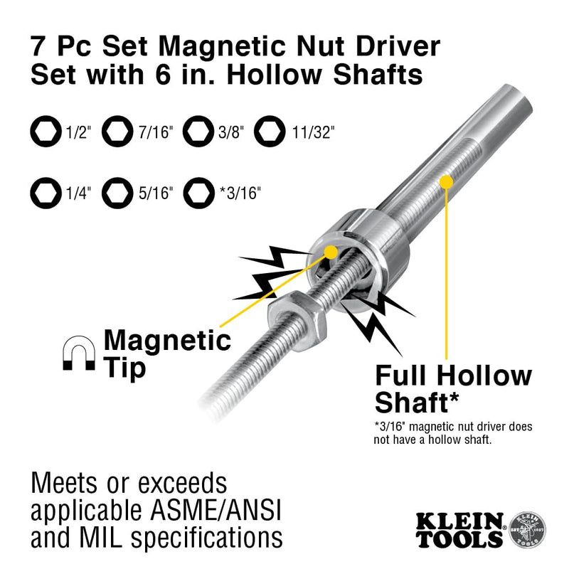 Klein Tools 647M Tool Set, Made in USA, Magnetic Nut Drivers Sizes 3/16, 1/4, 5/16, 11/32, 3/8, 7/16, 1/2-Inch, 6-Inch Hollow Shafts, 7-Piece