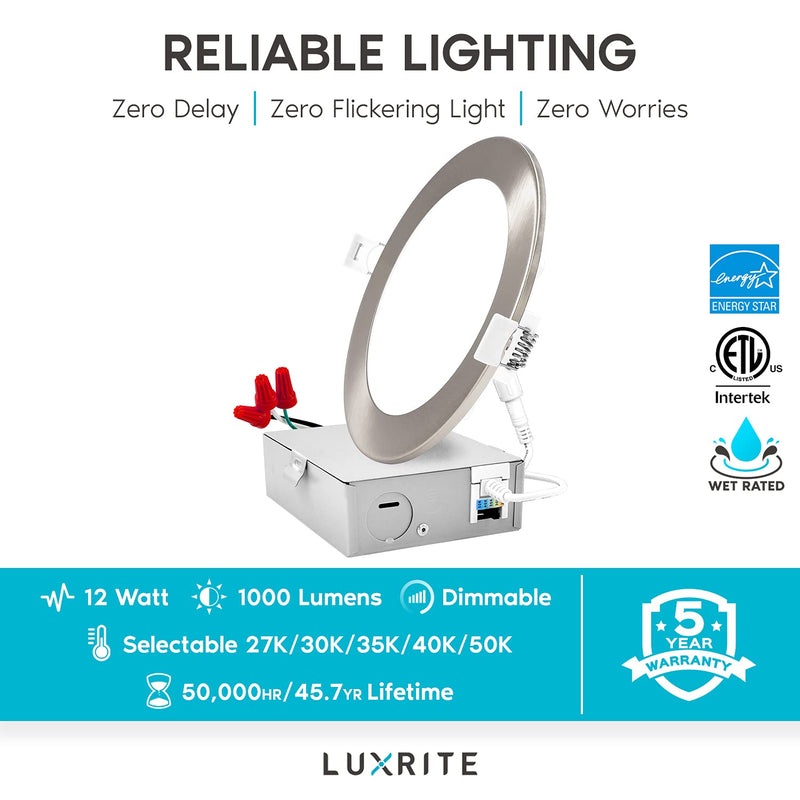 LUXRITE 6 Inch Ultra Thin LED Recessed Light with J-Box, 12W, 5 Color Options 2700K | 3000K | 3500K | 4000K | 5000K, Dimmable Wafer Light, 1000 Lumens, Brushed Nickel, Energy Star, IC Rated Brushed Nickel Trim 1 Count (Pack of 1)