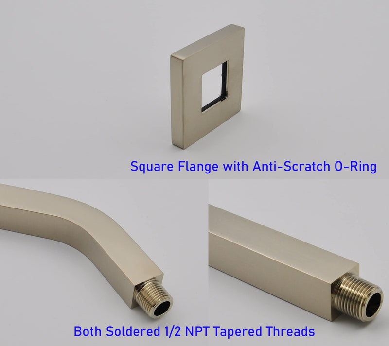 Square Shower Arm and Anti-Scratch O-Ring Flange, 6 inch, Solid Brass, Both Soldered 1/2 NPT Tapered Threads, Shower Head Arm, Wall Mount Shower Extension Arm (PVD Brushed Nickel) Brushed Nickel PVD