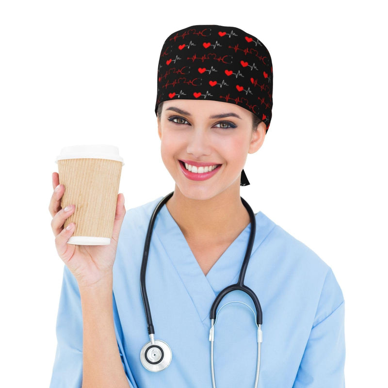 [Australia - AusPower] - Electrocardiogram Heart Bouffant Scrub Caps Nursing Working with Sweatband Adjustable Surgical Hats Stethoscope Heart 