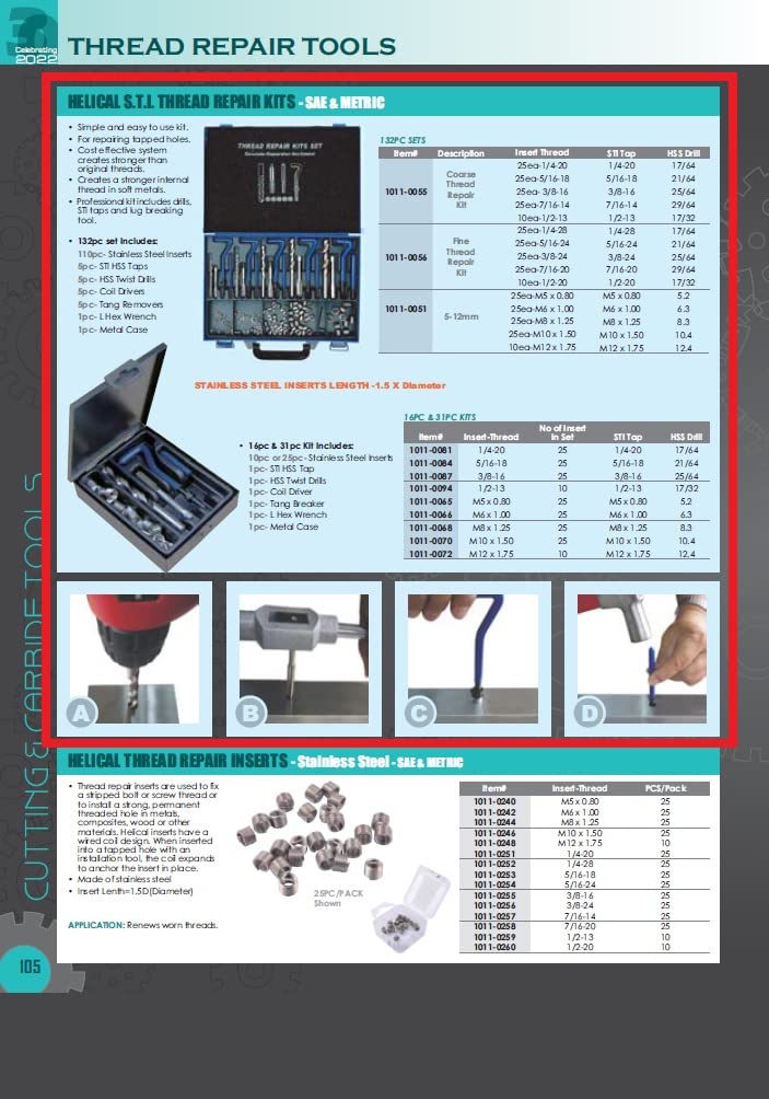 HHIP 1011-0081 31 Piece 1/4-20 Helical STI Thread Repair Kit 1/4-20 31 Pc. Kit Thread Repair Kit - Inch