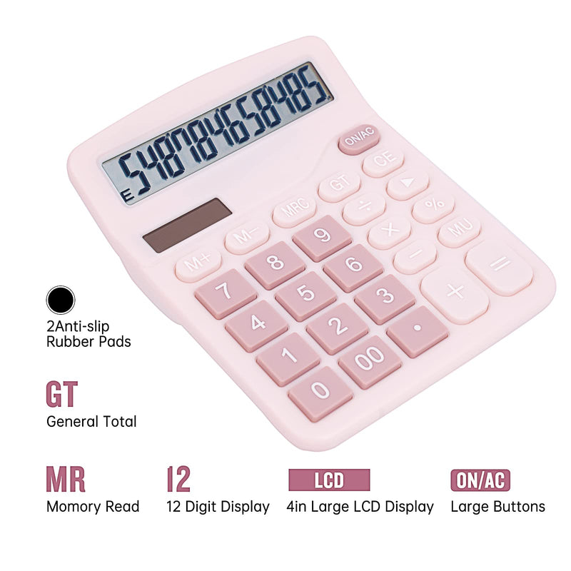 [Australia - AusPower] - Cute Pink Desktop Calculator with Big Buttons, Dual Power Source, Solar and Battery, Large Display Screen - Perfect for Office, Teachers, and Students (Pink) 