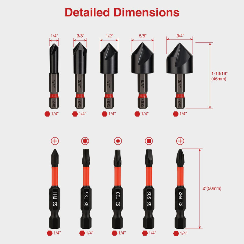 ANGELSWORD M35 Cobalt Countersink Drill Bit Set, 5 PCS 1/4"-3/4", TiAlN Coated Counter Sink Drill bit, for for Wood, Metal, Plastic 5pc HSS-Co set
