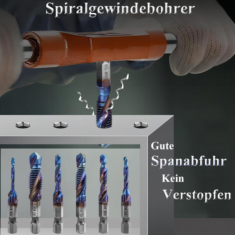 [Australia - AusPower] - Treki 6-Piece Combination Tap Bit Set M3 M4 M5 M6 M8 M10, Manual Tap Set, Spiral Tap with 6.35 mm for Cordless Screwdriver, HSS Hand Tap, Machine Tap Bits Set 