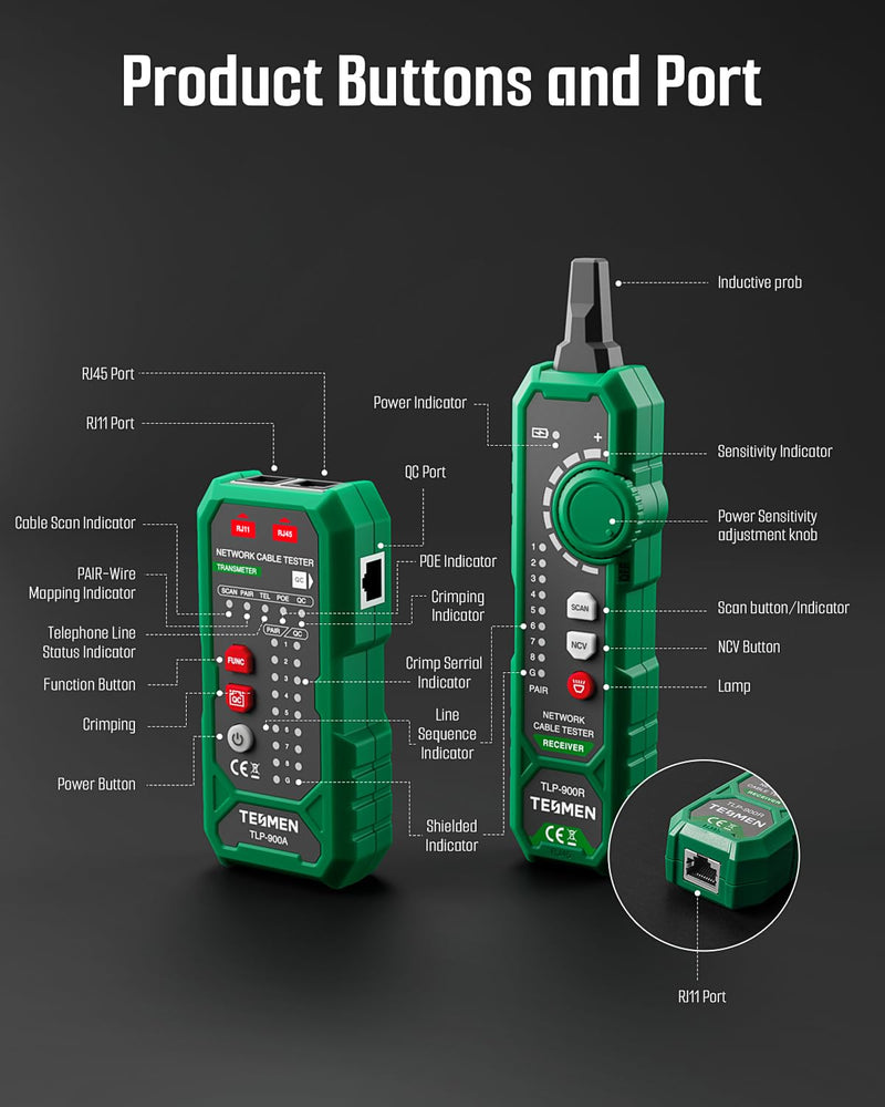 [Australia - AusPower] - TESMEN TLP-900AR Network Cable Tester, RJ11 RJ45, for CAT5/6/POE/STP, Multi-function Cable Tracer with Pairing, Continuity, QC&NCV, Suitable for Ethernet, Telephone, Wire maintenance and sorting-Green Green 