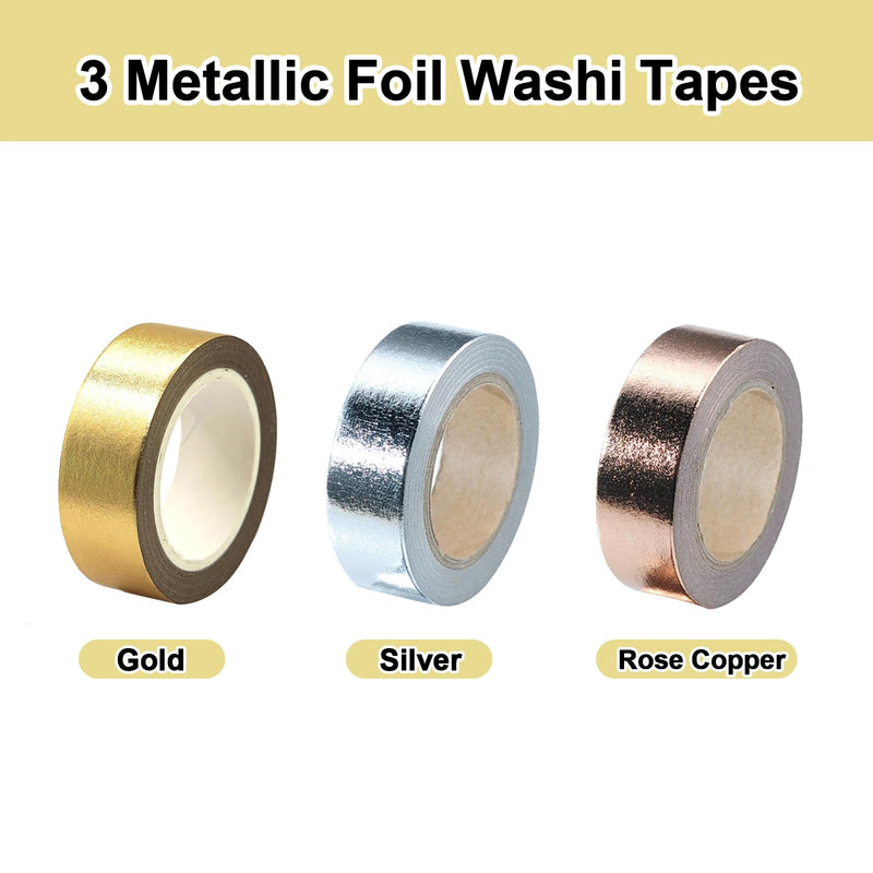 Gold, Silver & Rose Copper Washi Tape – 3pc Foil Decorative Tape Set with Bonus Squeegee for Wall Decor, Crafts, Mirror Edging & Gift Wrapping – Self-Adhesive Masking Tape Strips 0.59in x 33FT Each