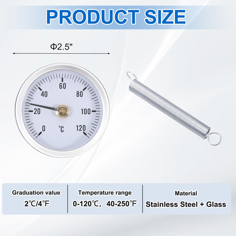 [Australia - AusPower] - MECCANIXITY Bimetal Thermometer with Springs & 2.5in Dial, 0-120°C Temperature Range, Pipe Thermometer with Shatterproof Glass Lens - Industrial Grade 