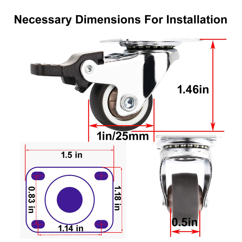 [Australia - AusPower] - 1" Low Profile Small Caster Wheels Set of 4 (2 Brakes+2 Non) 100 lbs Capacity,Quiet TPR Rubber Casters for Furniture, Cabinets&Laundry Carts, 360° Swivel, Scratch-Proof Floors 1" Top Plate 