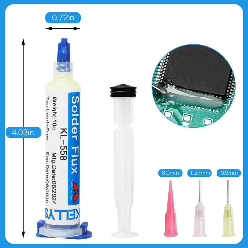 KL-558 Flux Soldering, 10 ml No-Clean Lead-Free Rosin Flux (1 Piece) 2.5 mm / 1.5 m Desoldering Braid (1 Piece), Suitable for Mobile Phone Soldering, BGA, Household Appliance Repairs KL-558