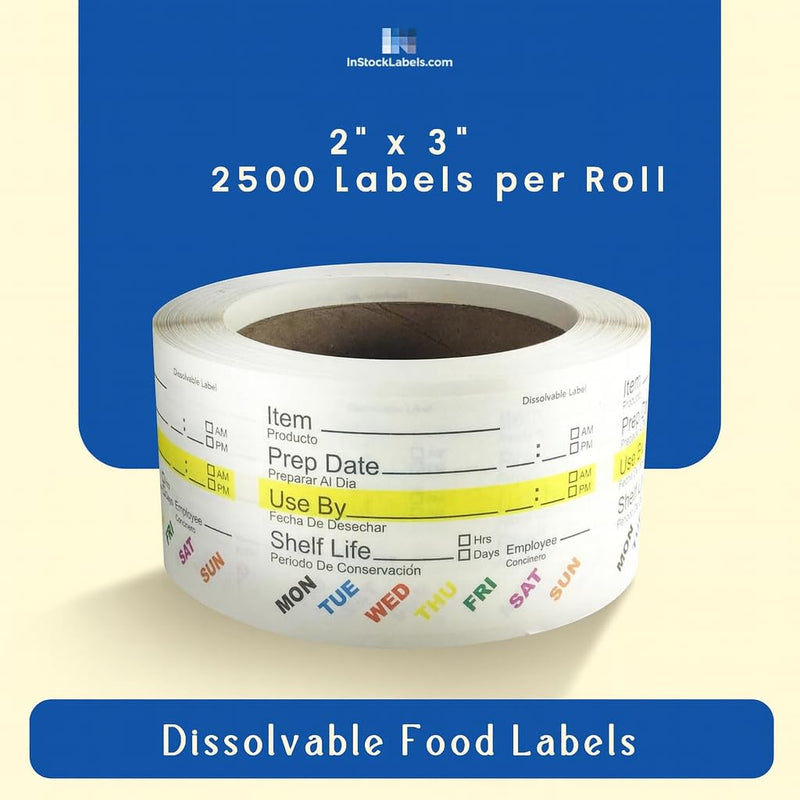 InStockLabels Dissolvable Food Labels - 2” x 3” (2500 Labels) - Rotation Food Stickers for Kitchen & Restaurant Supplies - Ideal for Jar, Containers and Freezer Storage, Kitchen Stickers 2500