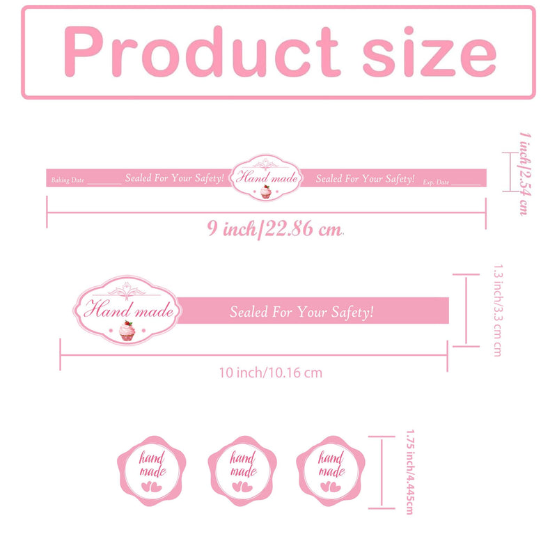 100 Pcs Handmade Food Retail Package Seal Labels 9x1'' Safe Secure Tamper Evident Labels 100Pcs Handmade Food Baking Label with 1.75 '' 100Pcs Hand Made Stickers for Cake Dessert Box Packaging Pink