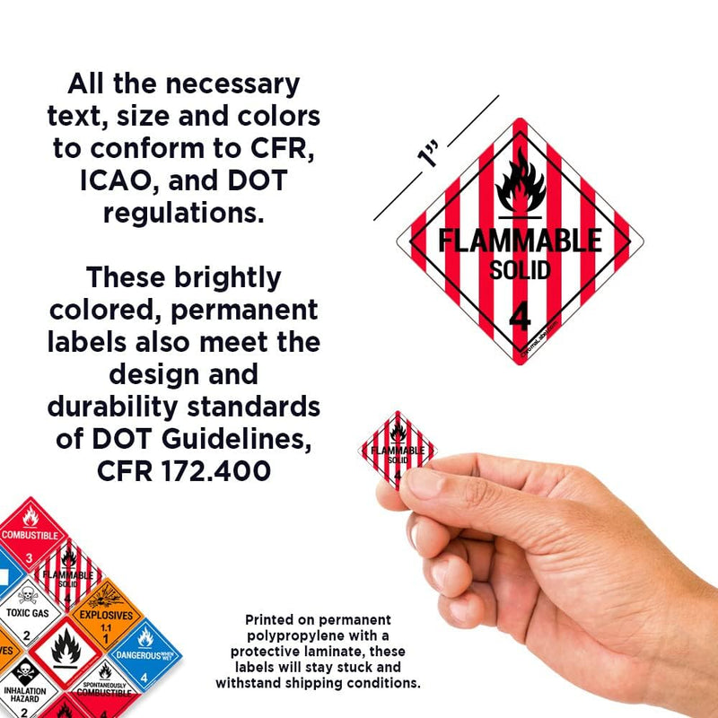 ChromaLabel 1 Inch Permanent Durable Square D.O.T. Hazard Labels, Class 4 Flammable Solid, 250/Roll 1" x 1"