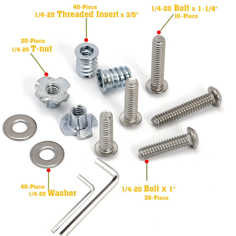 [Australia - AusPower] - 1/4-20 Threaded Inserts for Wood T Nuts 1/4-20 Bolts Fully Threaded Button Head Hex Socket Screws 1" 1-1/4" and Washers Threaded Insert & 1" 1-1/4" Bolts 