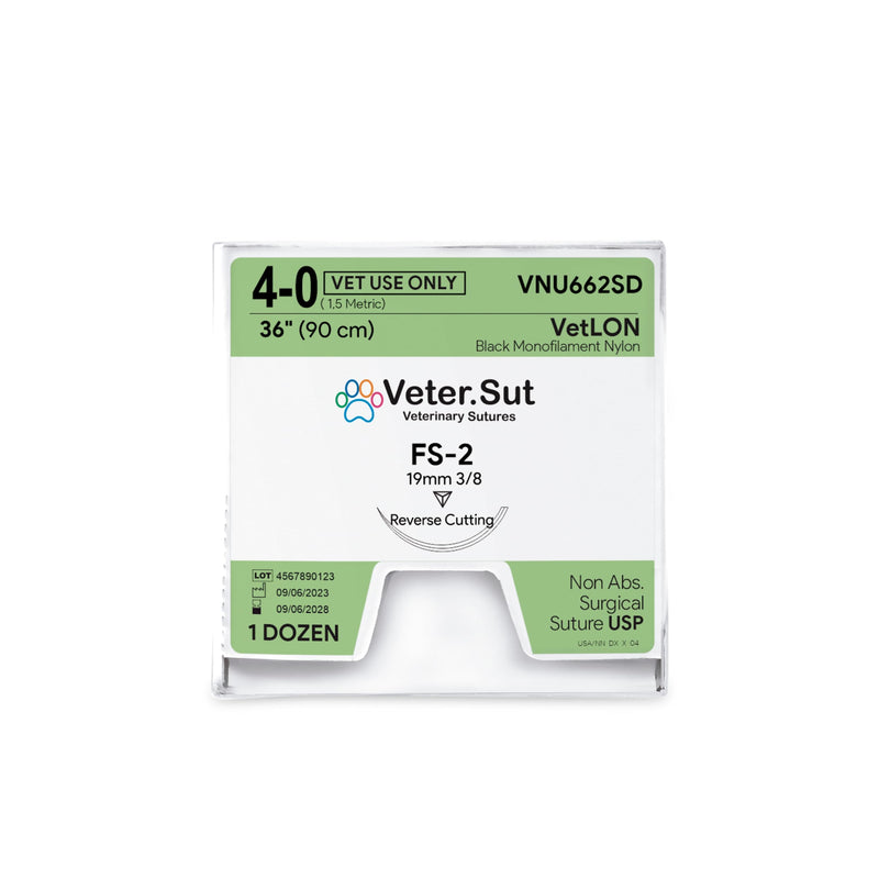 [Australia - AusPower] - VeterSut VetLON Non-Absorbable Nylon Surgical Suture USP Size 4-0, (FS-2) 3/8 19mm Reverse Cutting Needle, 36 Inches (90 cm), 12 Count, Veterinary Use 