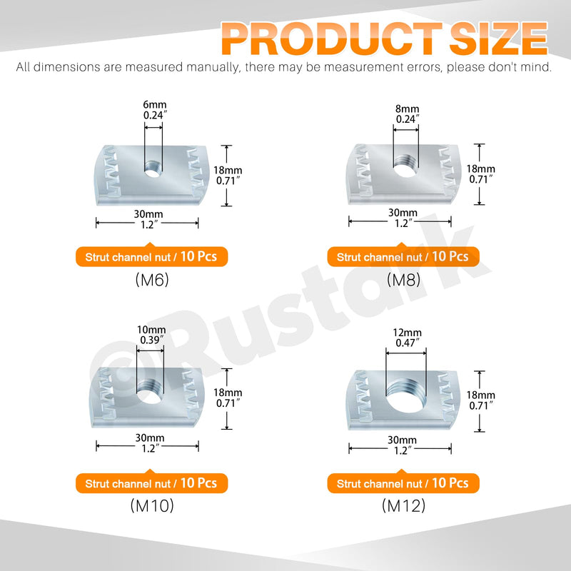 [Australia - AusPower] - 40Pcs M6 M8 M10 M12 Strut Channel Nut Assortment Kit, Metric Thickened Zinc Plated Strut Nuts No Spring Channel Nuts Without Spring for Strut Channels Metric Kit, 4 Sizes 