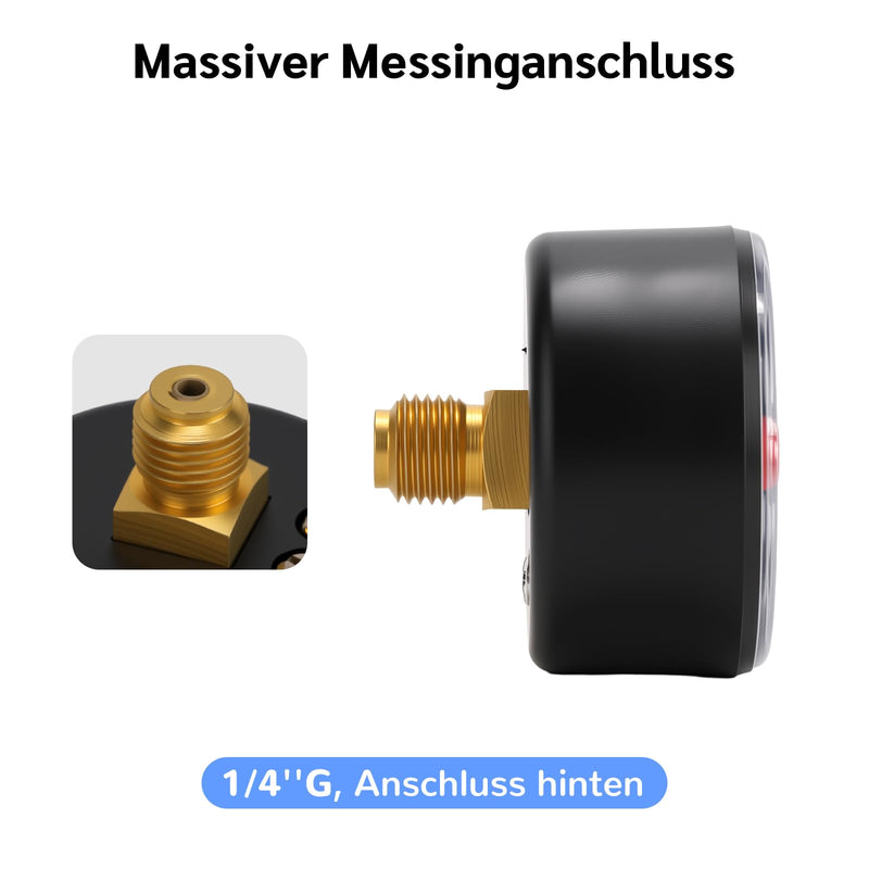 Pressure gauge, 0-4bar, G1/4, 2 inch dial, 2.5% accuracy, back connection ABS black plastic housing, with red hand