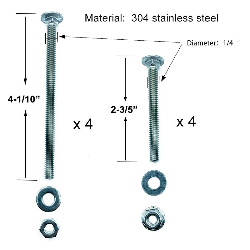 [Australia - AusPower] - (8pcs) Stainless Universal Headboard or Footboard Hardware Nuts and Bolts 4 hes and 2-12 h Long, Carriage Bolts Handles Replacement Kit Silver 14 h-20x4 h and 14 h-20x2-12 h 8(4 long and 4 short) 