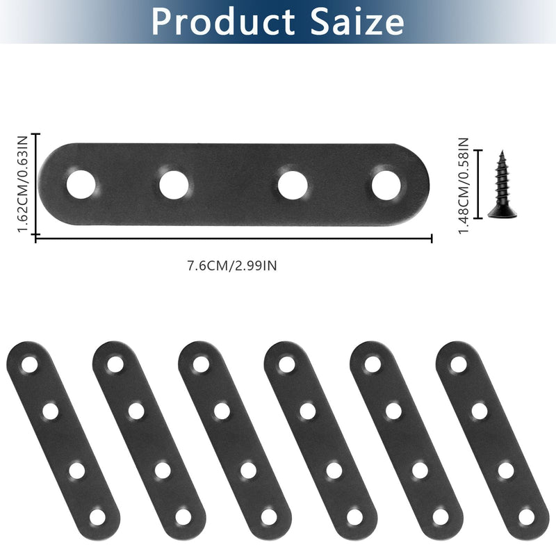 [Australia - AusPower] - 12 PCS 2.99'' x 0.63'' Stainless Straight Flat Brackets, Black Flat Metal Brace Bracket, Support Flat Metal Brace for Wood Furniture, Mending Plate Connector Joining Bracket for Fence,48 Screws 12 