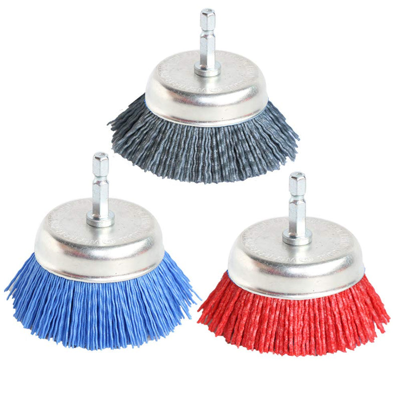 3Pcs 3 Inch Assorted Cup Brushes Abrasive Wire Nylon Cup Brush for Drill,Grit 80 120 320 with 1/4" Shank,Rotary Brushes for Machines mix3pcs