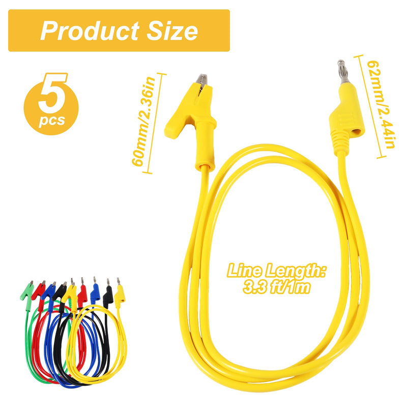 [Australia - AusPower] - 5PCS Multimeter Banana Plug to Crocodile Alligator Clip, 4mm Stackable Colorful Silicone Banana Plug to Alligator Clip, Soft Flexible Electrical Test Probe Lead Wire Cables 1M 