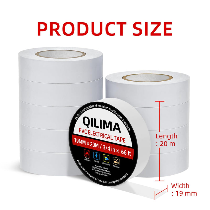 QILIMA 10 Rolls White Electrical Tape, Professional PVC Lead-Free Insulation, Waterproof & Flame Retardant Rated to 176°F, Ideal for Household Wire Labeling, Marine & Outdoor Projects 19mm*20m