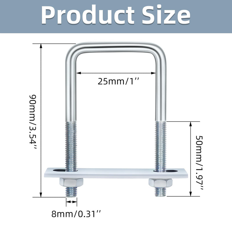 [Australia - AusPower] - Square U Bolt 4 Sets, 25mm (1") Inner Width 90mm (3.54") Length, Carbon Steel in Zinc U Bolt, M8 with Nut, Plate, Washer, (M8 x 25 x 90mm) M8 x 25 x 90mm 