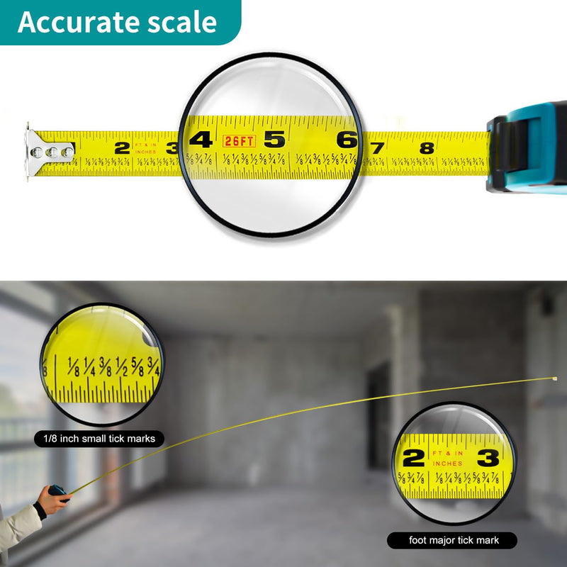Takamine Tape Measure Professional 26 Feet, 1/8 Fraction Easy Read Retractable Measuring Tape, with Magnetic Hook, Manual Lock, Rubber casing, Suitable for Engineers/Surveyors/Carpenters/Construction
