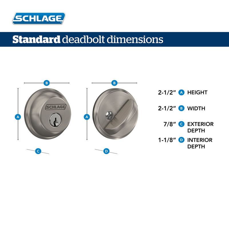 Schlage B62 N 626 Deadbolt, Keyed 2 Sides, Highest Residential Security, Satin Chrome