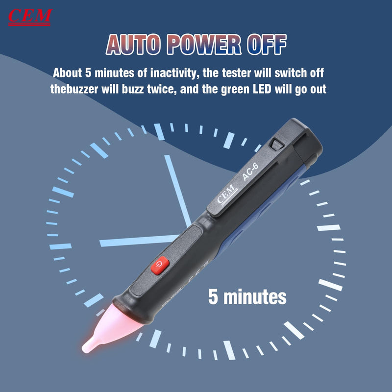 [Australia - AusPower] - Voltage Tester,CEM AC-6 Non-Contact Voltage Detector,Electrical Tester,AC,LCD Display in Percentage,Buzzer Alarm,Live Wire Tester,Wire Breakpoint Finder - Black-Built-in/External Battery (Random) 