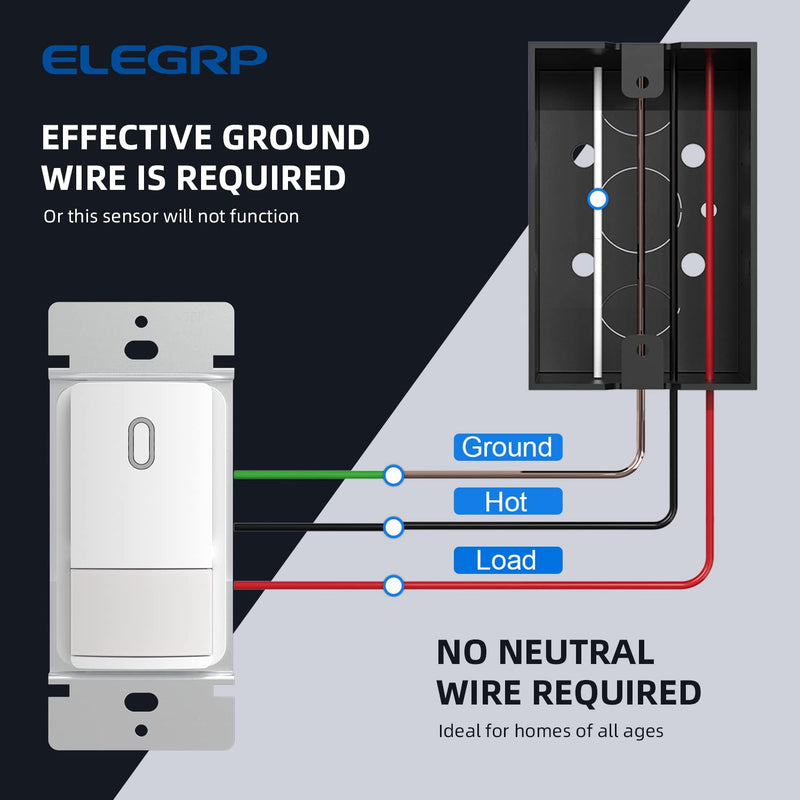 [Australia - AusPower] - ELEGRP Single Pole Occupancy Motion Sensor Light Switch, PIR Infrared Motion Activated Switch, Need Grounding Wire, No Neutral Wire, for CFL/LED/Incandescent, with Plate, UL(2 Pack, Matte White) 2 Pack 