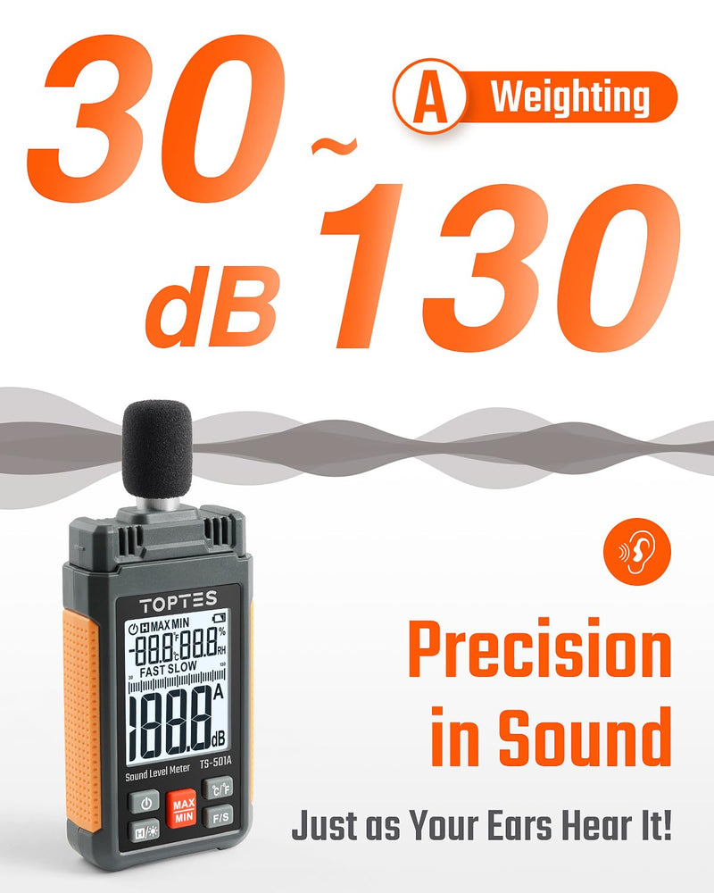 [Australia - AusPower] - Decibel Meter, TS-501A Sound Level Meter with 2.25” Backlight LCD Screen, Portable SPL Meter with A Weighted, Range 30-130dB, Data Hold, MAX/MIN, Use for Home, Noisy Neighbor, Factory - Orange 