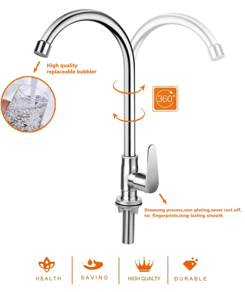 Brushed Nickel Cold Water Faucet Only,SUS304 Stainless Steel Single Handle Single Hole Cold Water Faucet for Kitchen,Outdoor and Bar(Longer Thread Pipe)