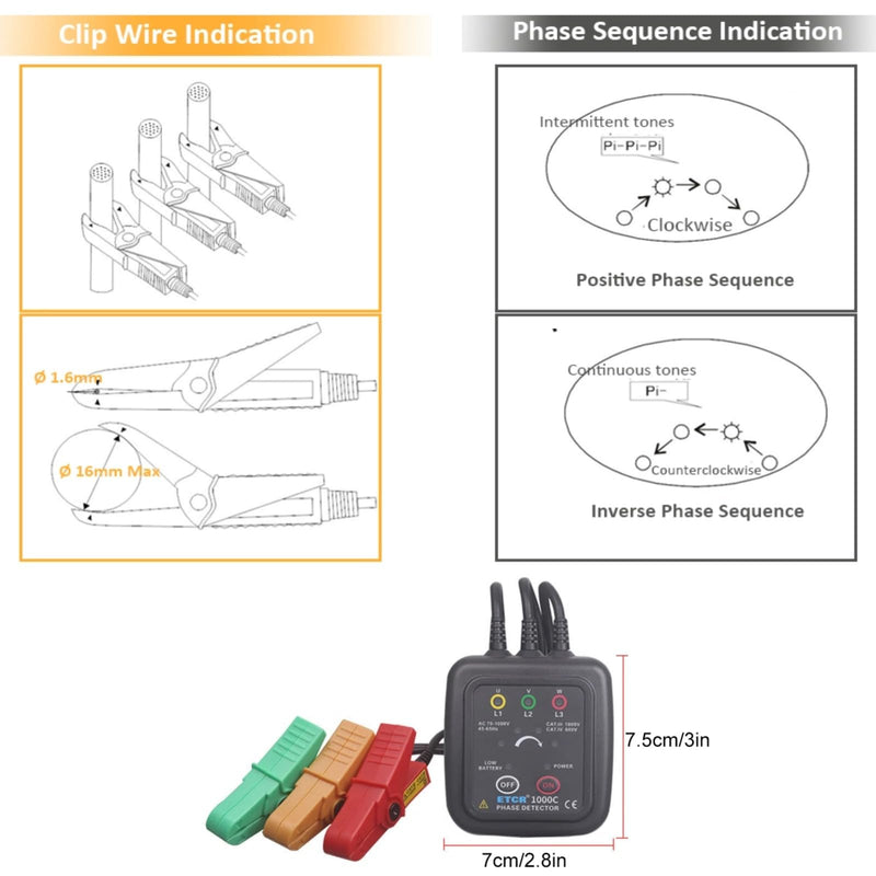 [Australia - AusPower] - ETCR1000C Non-Phase Sequence Detector - AC 70-1000V Magnetic Base Phase Meter 