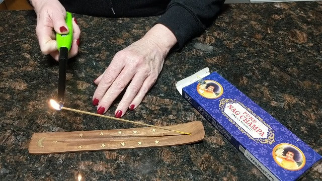 Two Pack Brass Inlay Moon and Star Handmade Wooden Incense Stick Holders, Ash-Catchers. 2 Brass Moon and Stars