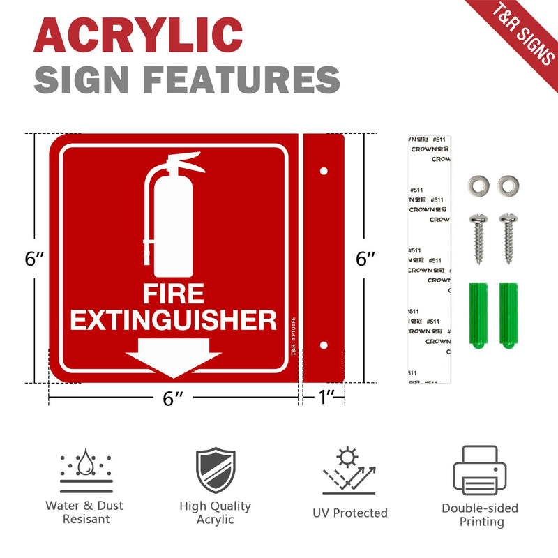 T&R Fire Extinguisher Sign, Fire Extinguisher with Down Arrow - 8 Pack - 6 x 6 Inches Acrylic, 2 pre-drilled holes, Includes Matching Screws, Use for Home Office/Business L - 8 Pack