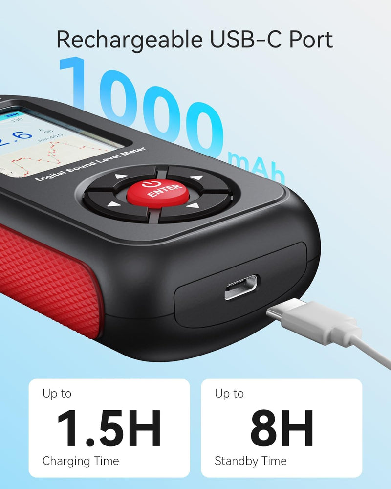 Decibel Meter, Sound & Noise Decibel Level Reader Monitor, SPL Meter 30dB to 130dB(A) with Record, Visual Alarm, A/C Weighted, Rechargeable for Home, Classroom GT1355A