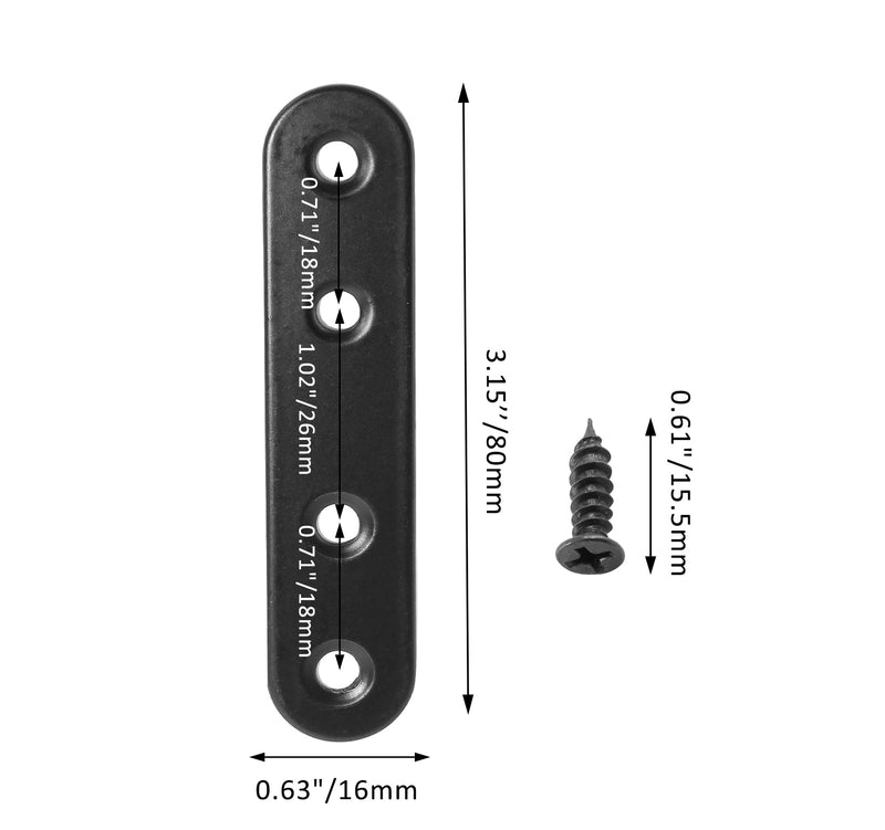 [Australia - AusPower] - 16 Sets 3 Inch Stainless Steel Flat Plate Straight Bracket, 80mm Metal Brackets Mending Repair Plate with Screws for Wood Straight Brace (Black) 3"-80mm 