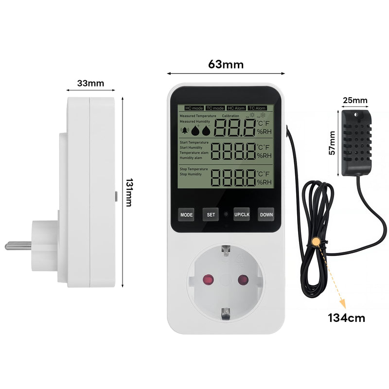 [Australia - AusPower] - Humidity Controller, Hygrostat Socket with Sensor 230 V, Digital Hygrostat Humidity Controller, Humidity Controller with Alarm for Humidifier, Dehumidifier, Mushroom, Terrarium 