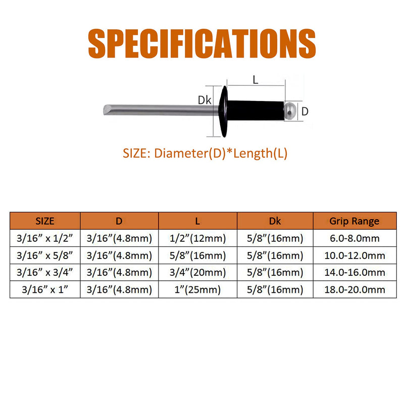 [Australia - AusPower] - ISPINNER 100pcs 3/16" x 3/4" Large Flange Aluminum Blind Rivets, Pop Rivets Grip Grange 14-16mm (Black) 3/16" x 3/4" Black 
