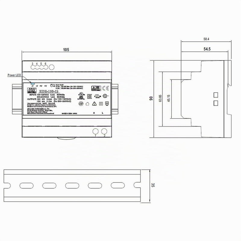 Meanwell HDR-150-24 150W 24V 6.25A DIN rail power supply DIN rail