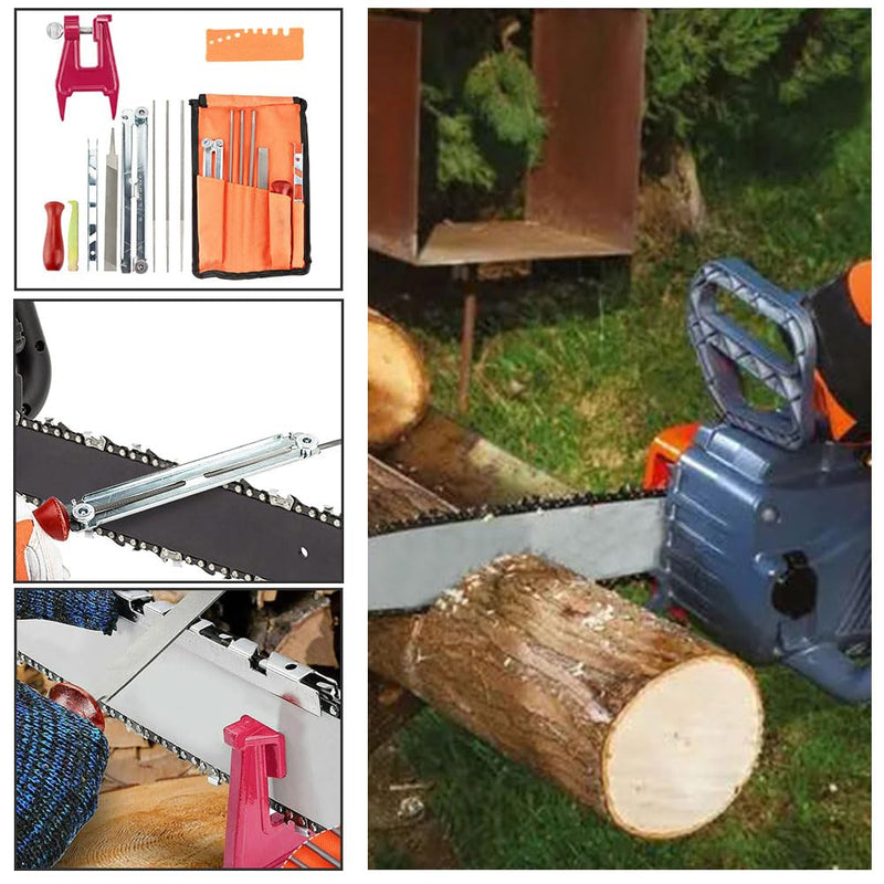 Chainsaw Sharpening Files Kit, Chainsaw Sharpener Files Set, Chainsaw Sharpener Includes Chainsaw Blunt, Round File, Sharpening Guides, Depth Gauge, Flat File, Wooden Handle, Lightweight Field Bag