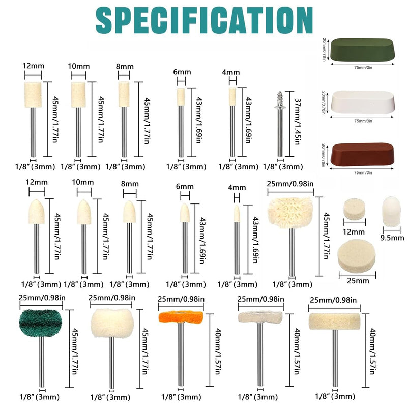 [Australia - AusPower] - 137PCS Buffing Wheel Polishing Kit with Polish Compound, Rotary Tool Accessories with 1/8" Shank, Abrasive Wheel Buffing Polishing Wire Brushes Wool Felt Cotton Mounted Compatible with Dremel 