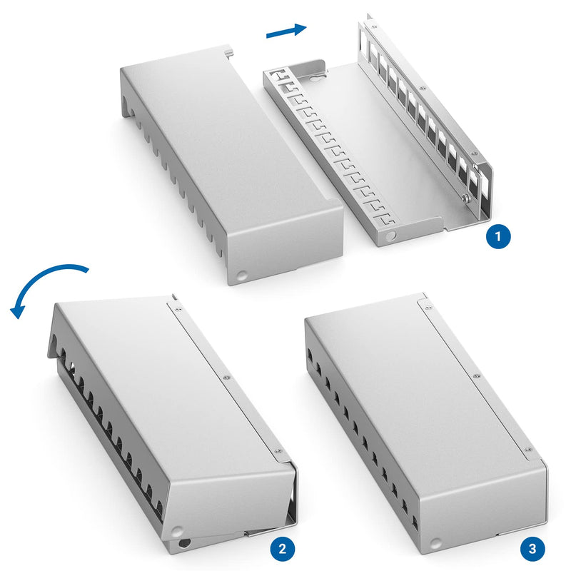 deleyCON 12-Port Patch Panel Set, CAT6a STP 1U - Grey | Distribution panel with 12x RJ45 Keystone jack modules, compatible with CAT6, CAT6a, and CAT7 installation cables, network cables, Ethernet LAN, DSL, grey, 12 ports + 12x RJ45 Keystone